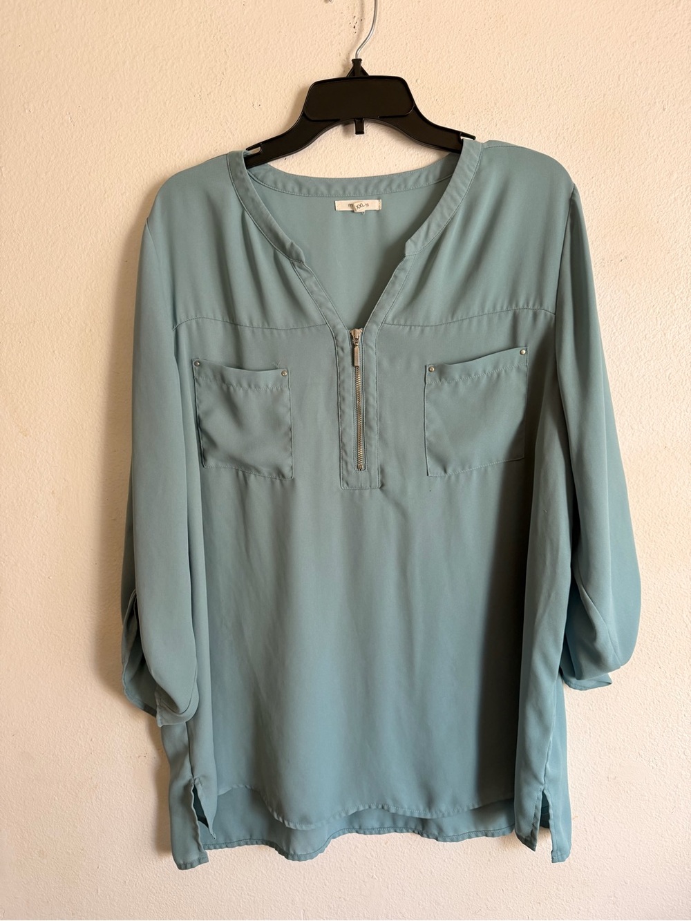 Maurices Light Teal Zip-Pocket Blouse